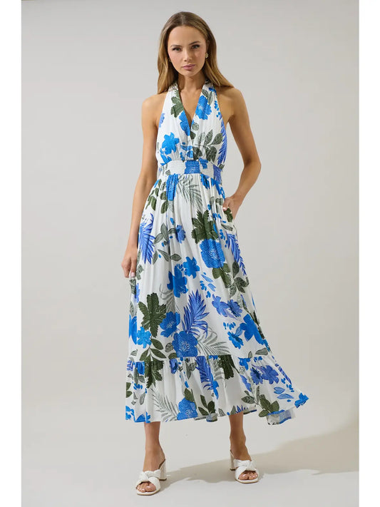Blue Bloom Halter Midi Dress