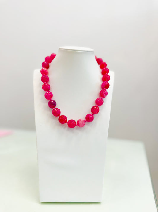Marble Beaded Statement Necklace- Hot Pink