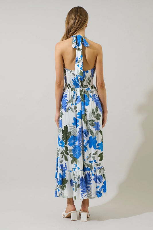 Blue Bloom Halter Midi Dress